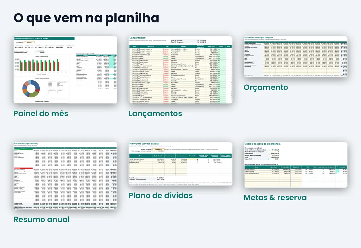 Visão geral das abas: painel, lançamentos, orçamento, resumo anual, dívidas e metas